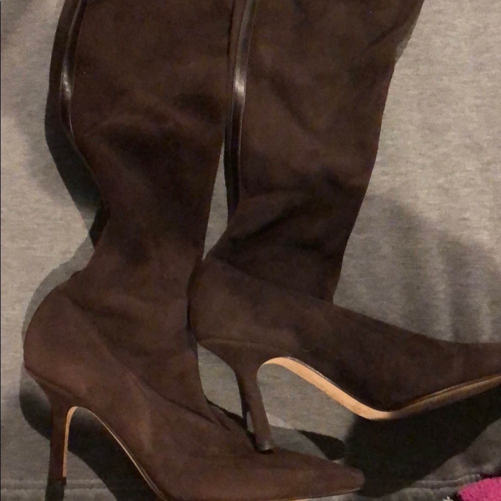 Jimmy Choo knee high brown suede pointe boots